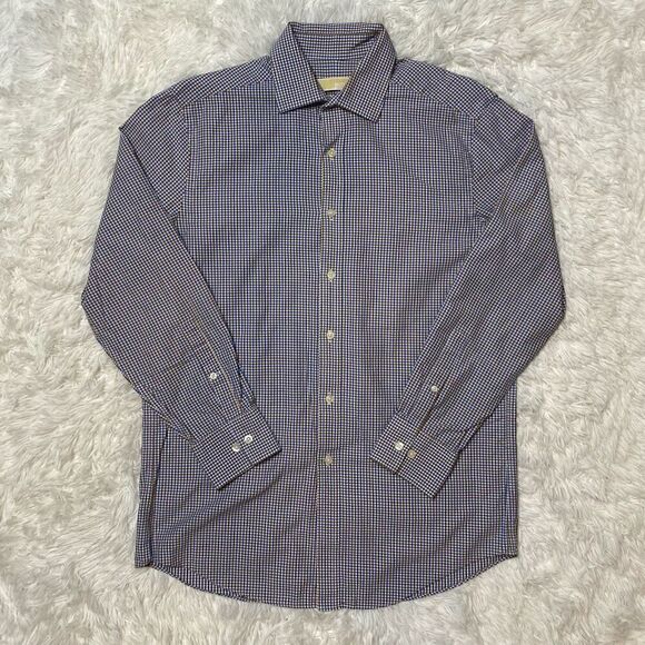 Michael Kors Dress Shirt Mens Size 15.5 / 32-33 Checkered Blue Brown Button Down - Picture 1 of 7